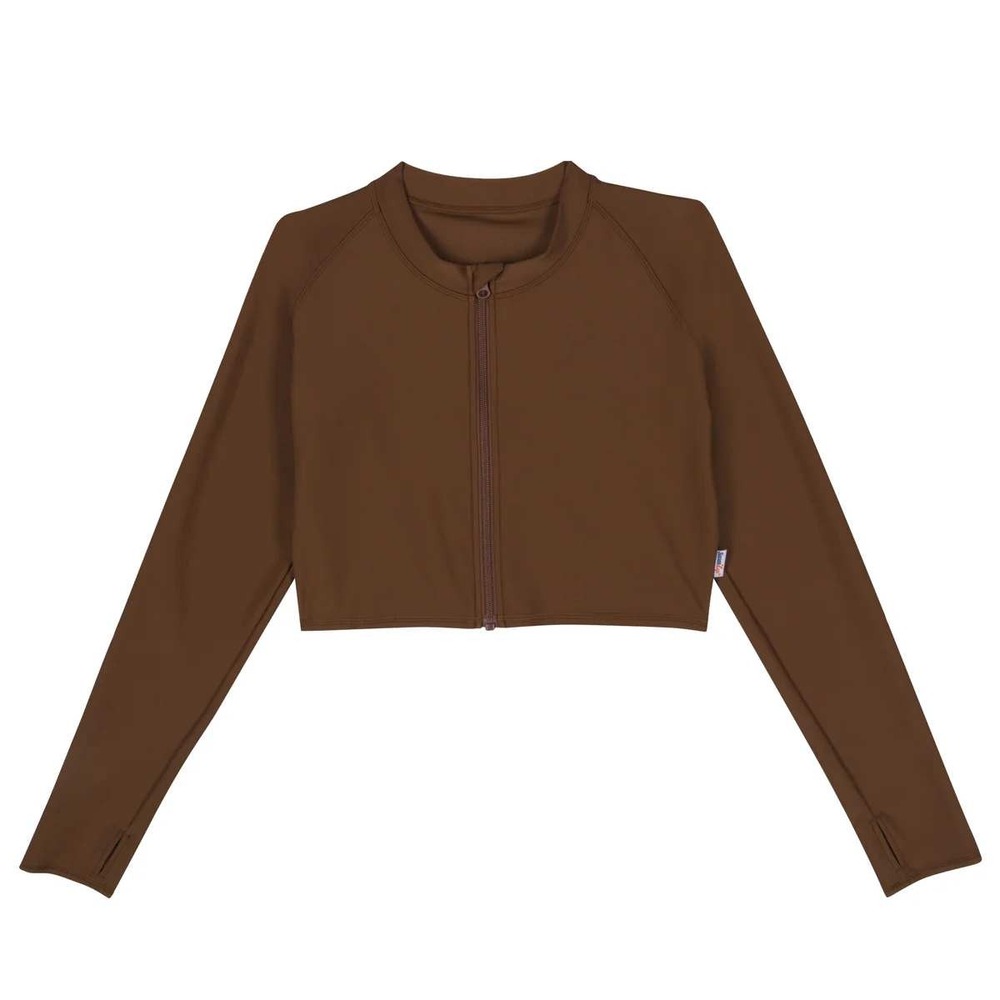 SwimZip Women Brown Long Sleeve Zipper Rash Guard Cropped Swim Top UV Large